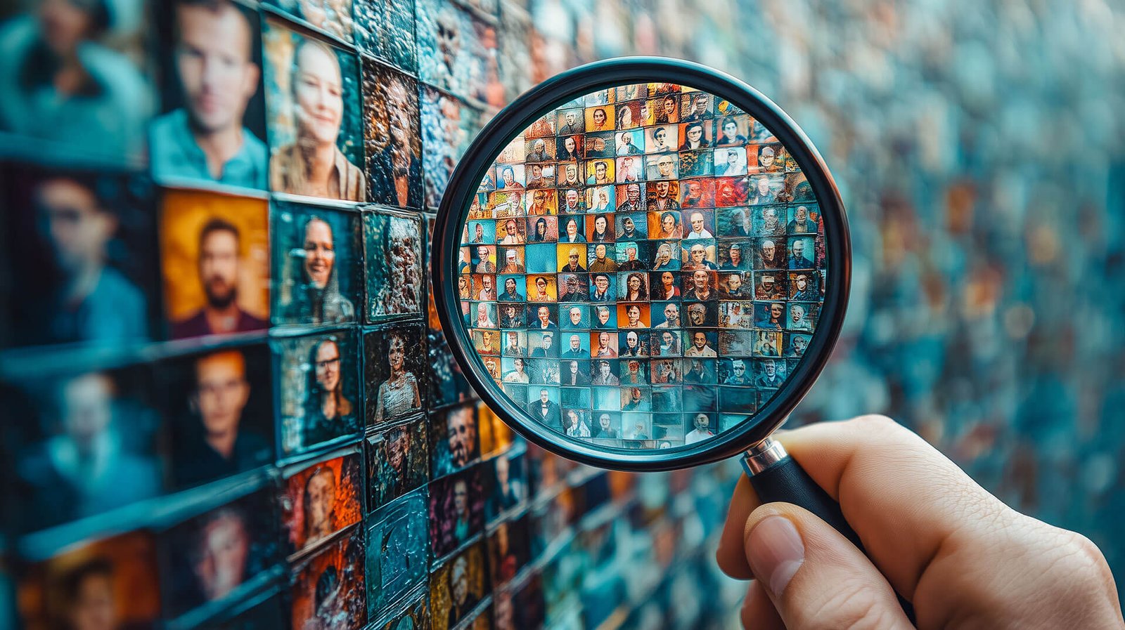 Magnifying glass on grid of blurred portraits.