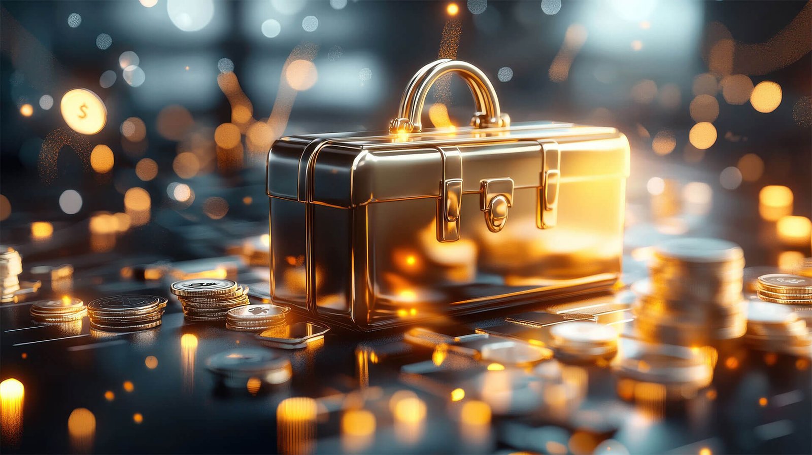 Golden toolbox with coins, financial prosperity concept.