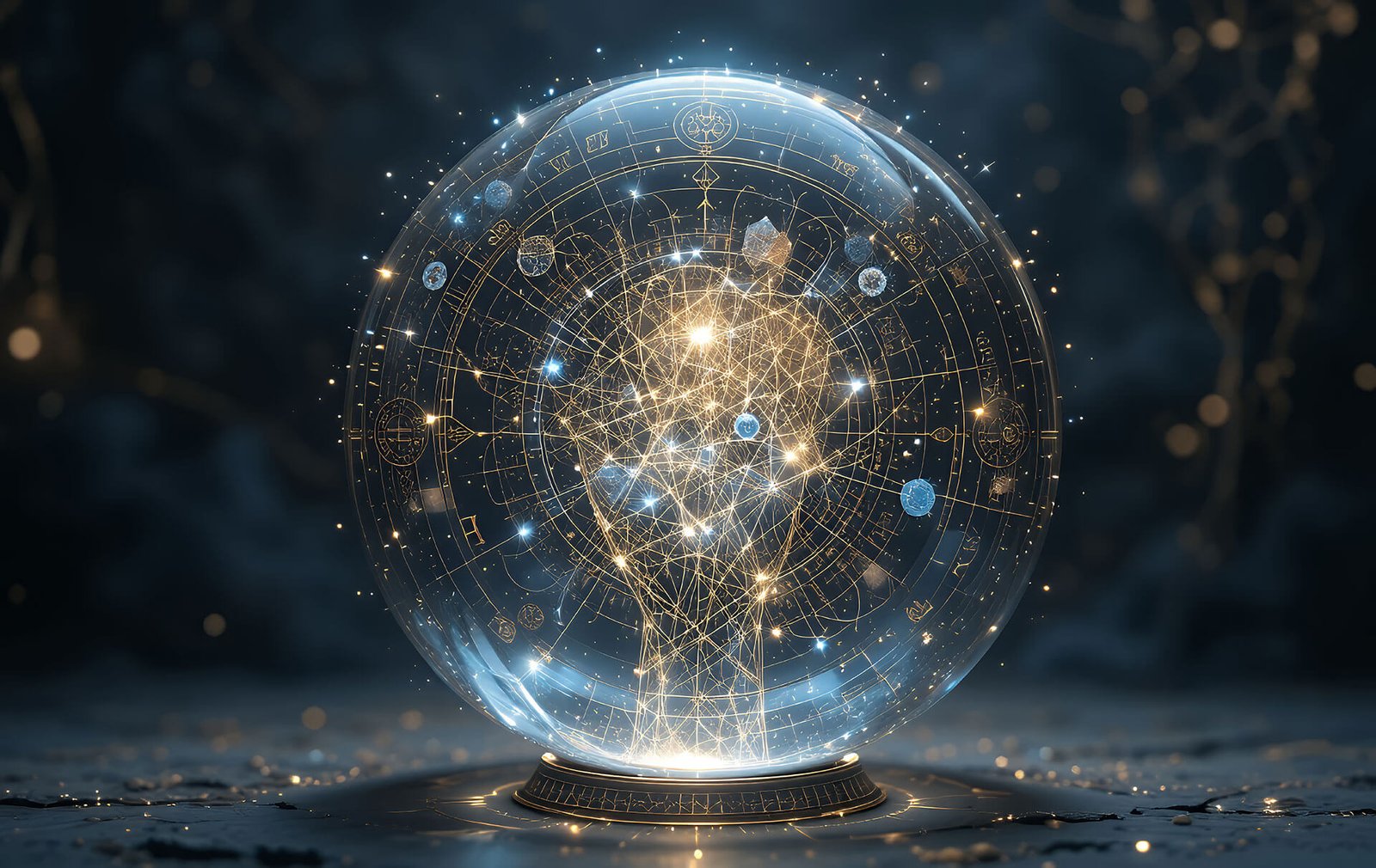 Futuristic glowing sphere with digital networks inside.