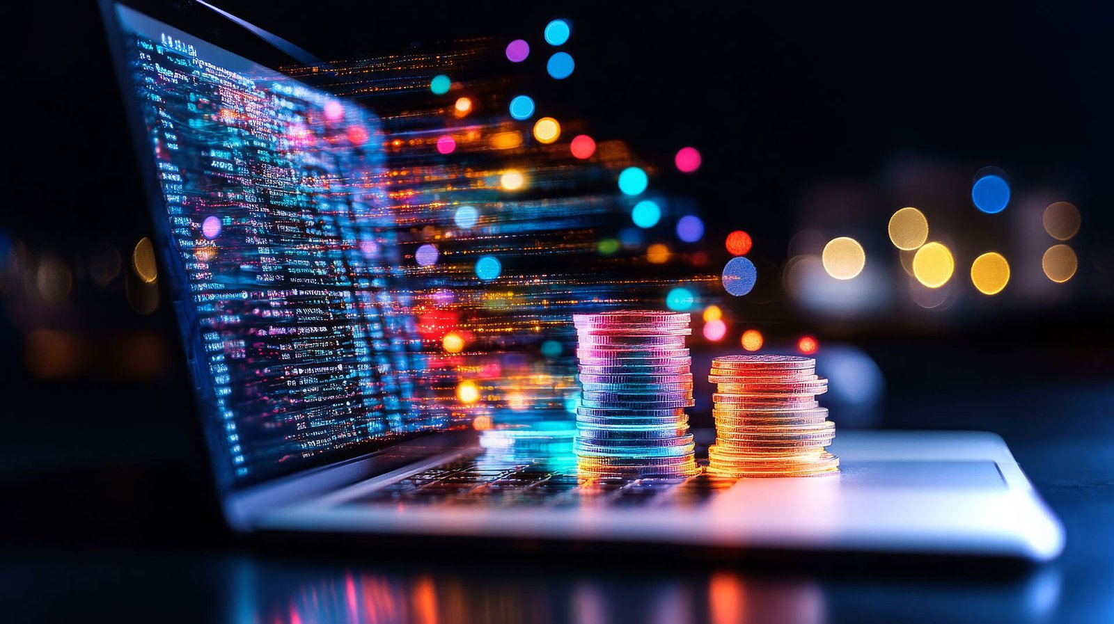 Cryptocurrency concepts: digital coins on laptop screen.